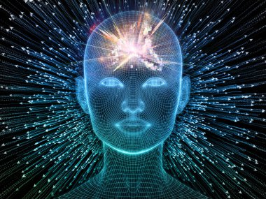Parlak Düşünce. Bilinçli Zihin serisi. Parlayan kabloyu üç boyutlu şekilde birleştirmek insan yüzünü yapay zeka, insan bilinci ve ruhani yapay zeka temasına bağlar.