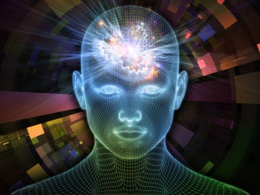 Aydınlanmış düşünce. Bilinçli Zihin serisi. Yapay zeka, insan bilinci ve ruhani yapay zeka için üç boyutlu parlayan tel örgü insan yüzüyle ilgili soyut tasarım.