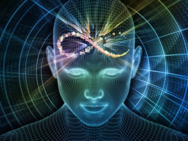 Parlak Rüyalar. Bilinçli Zihin serisi. Yapay zeka, insan bilinci ve ruhani yapay zeka üzerine parlayan tellerin 3 boyutlu tasarımı insan yüzünü örüyor.