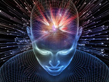 Dijital boşluk. Bilinçli Zihin serisi. Yapay zeka, insan bilinci ve ruhani yapay zekanın metaforu olarak parlayan tel örgü insan yüzünün üç boyutlu bir tasarımı.