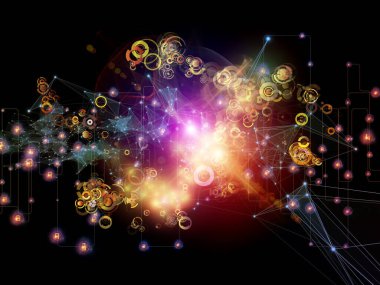 Gelecek Bağlantı serisi. Modern teknoloji, ağ oluşturma, telekomünikasyon ve bilim konularındaki karanlık arka plana karşı ağ çizgileri, ışıklar ve semboller.