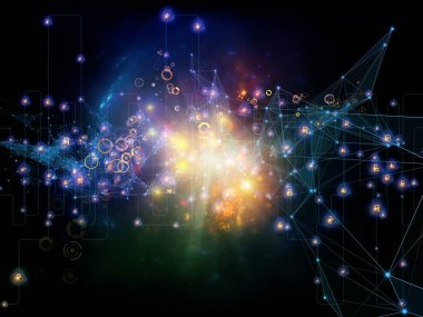 Gelecek Bağlantı serisi. Ağ hatlarının, ışıkların ve sembollerin arka planı modern teknoloji, ağ oluşturma, telekomünikasyon ve bilim konularındaki karanlık arka plana karşı.