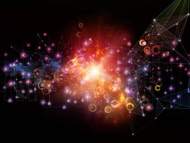 Gelecek Bağlantı serisi. Ağ hatlarının, ışıkların ve sembollerin modern teknoloji, ağ oluşturma, telekomünikasyon ve bilim konularındaki karanlık arkaplan ile etkileşimi.