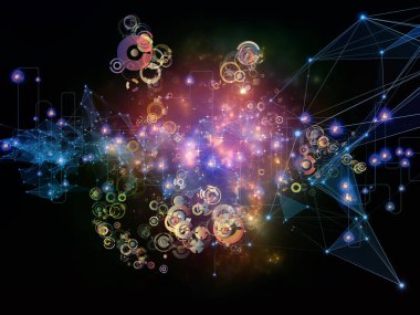 Gelecek Bağlantı serisi. Modern teknoloji, ağ oluşturma, telekomünikasyon ve bilim konularındaki karanlık arka plana karşı ağ çizgileri, ışıklar ve semboller.