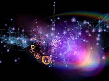 Gelecek Bağlantı serisi. Modern teknoloji, ağ oluşturma, telekomünikasyon ve bilim konularındaki karanlık arka plana karşı ağ çizgileri, ışıklar ve semboller.