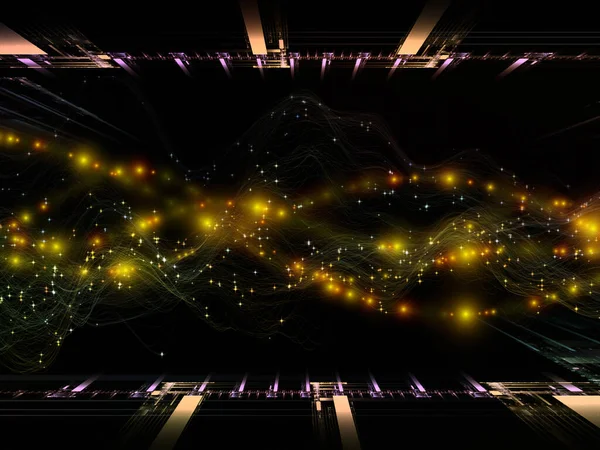 太空中的转移 虚拟浪潮系列 与数据传输 数学现实有关的水平正弦波和光粒子图像 — 图库照片