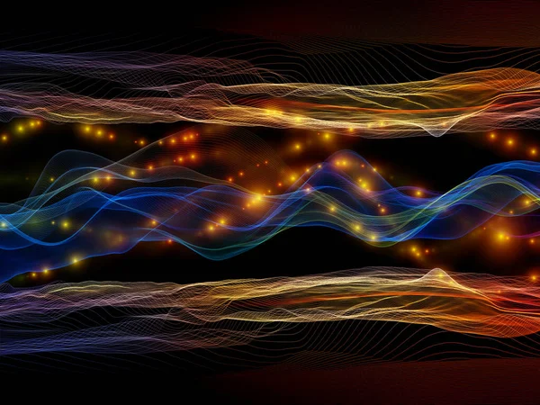 Virtual Micro World. Virtual Wave series. Visually attractive backdrop made of horizontal sine waves and light particles suitable in layouts on data transfer, virtual, artificial, mathematical reality.