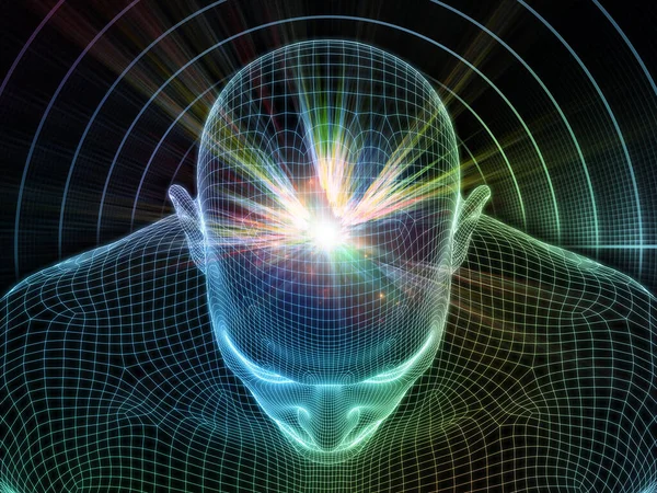 仮想現実 Lucid Mindシリーズ 人工知能 人間の意識 精神的なAiと関連して輝くワイヤメッシュ人間の顔の3Dレンダリングの構成 — ストック写真