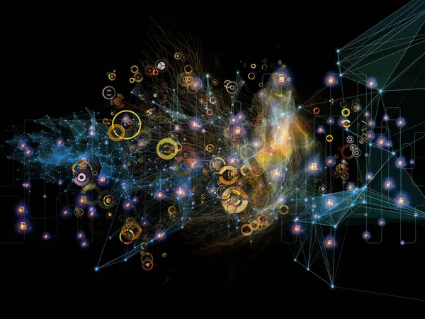 Future Connection Serie Zusammenspiel Von Netzwerkleitungen Lichtern Und Symbolen Vor — Stockfoto