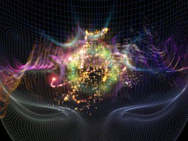 Zihin dalgası serisi. Bilinç, akıl, düşünce ve iç dünya üzerine soyut ışık dalgalarıyla insan yüzünün kablo çerçevesi..