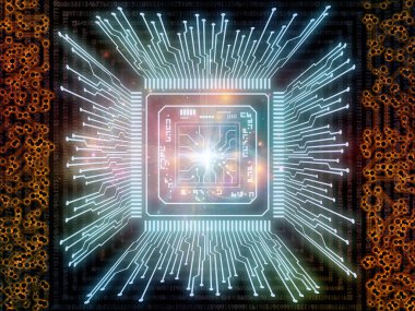 Bilgisayar bilimi ve modern teknoloji üzerine rakamlar ve işlemci kompozisyonu