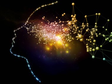 Atomik ve moleküler yapıların 3 boyutlu çizimi ve parlak sayılardan yapılmış insan silueti ve bilinç, eğitim, modern teknoloji, bilim ve zihin madde ikililiği konularında