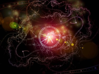 Sanal saatler. Time serisinin yüzleri. Saat kadranlarından ve bilim, eğitim ve modern teknolojilerle ilgili soyut elementlerden oluşan soyut tasarım