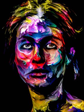Renkli Kadın serisi. Yaratıcılık, hayal gücü ve sanat konularında soyut desenli genç kadın portresi.