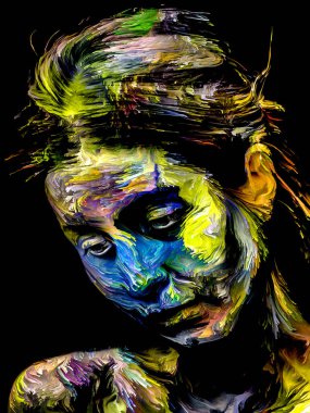 Renk serisi insanları. Yaratıcılık, hayal gücü ve sanat konularında çok renkli genç kadın portresi.