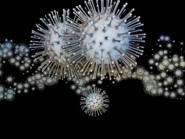 Coronavirus Evreni. Viral Salgın Serisi. Virüs, salgın, enfeksiyon, hastalık ve sağlık konularında 3 boyutlu Coronavirus parçacıkları ve mikro uzay elementleri