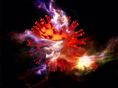 Kırmızı Coronavirus virüsü parçacığı ve üç boyutlu soyut elementlerin viral cisimler ve mikro ortam veya bağışıklık sistemi ile etkileşimi üzerine 3 boyutlu yorumlanması