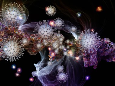 Coronavirüs, enfeksiyon, salgın hastalık, biyoloji ve sağlık konularındaki viral parçacıkların ve soyut mikroskobik elementlerin 3 boyutlu etkileşimi