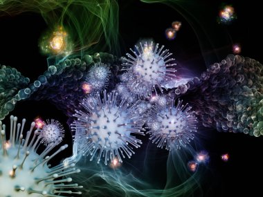 Coronavirüs, enfeksiyon, salgın hastalık, biyoloji ve sağlık konularındaki viral parçacıkların ve soyut mikroskobik elementlerin 3 boyutlu etkileşimi