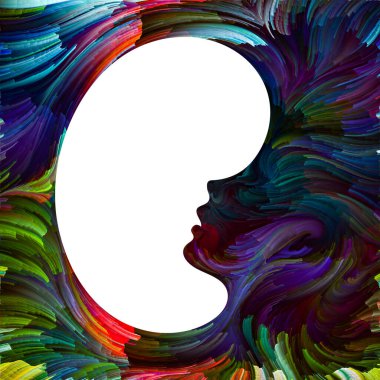 Duygusal Palet serisi. İç mekan. Hayal gücü, yaratıcılık ve iç dünya konularındaki çocuk siluetlerinin canlı renklerinin soyut tablosu.