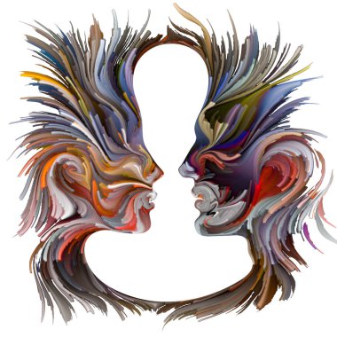 Duygusal Palet serisi. Aramızda mesafe var. Hayal gücü, yaratıcılık ve iç dünya konularında kadın ve erkek siluetlerinin canlı renklerinin soyut tablosu.