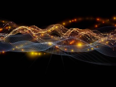 Uzay Geometrisi. Sanal Dalga serisi. Veri transferi, sanal, yapay, matematiksel gerçeklik için yatay sinüs dalgaları ve ışık parçacıklarının arkaplan tasarımı.