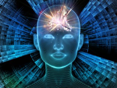 Parlak Düşünce. Bilinçli Zihin serisi. Yapay zeka, insan bilinci ve manevi yapay zeka için 3 boyutlu parlayan tel örgü insan yüzü bileşimi