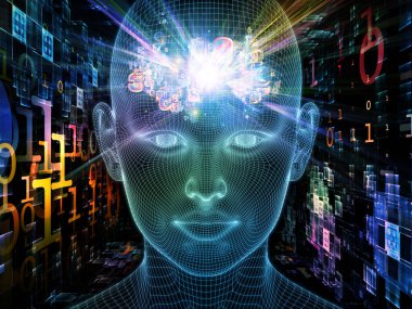 Parlak Düşünce. Bilinçli Zihin serisi. Yapay zeka, insan bilinci ve manevi yapay zeka için 3 boyutlu parlayan tel örgü insan yüzü bileşimi