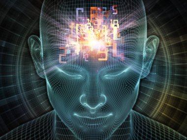 Parlak Düşünce. Bilinçli Zihin serisi. Parlayan kablonun 3 boyutlu görüntülenmesi yapay zeka, insan bilinci ve manevi yapay zeka ile ilişkili insan yüzü.