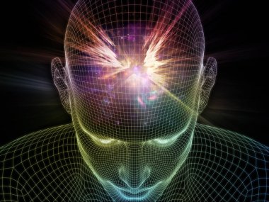 Parlak Rüyalar. Bilinçli Zihin serisi. Yapay zeka, insan bilinci ve ruhani yapay zeka üzerine parlayan tellerin 3 boyutlu tasarımı insan yüzünü örüyor.