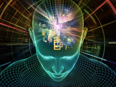 Dijital Düşünceler. Bilinçli Zihin serisi. Parlayan kablonun 3 boyutlu görüntülenmesi yapay zeka, insan bilinci ve ruhani yapay zeka projelerinde kullanılmak üzere insan yüzünü örgüler.