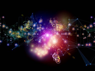 Gelecek Bağlantı serisi. Ağ hatlarının, ışıkların ve sembollerin arka planı modern teknoloji, ağ oluşturma, telekomünikasyon ve bilim konularındaki karanlık arka plana karşı.