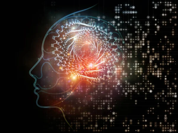 Makine mantık serisinin ışığı. İnsanın yüz hatlarının ve zihin, teknoloji ve yapay zeka konularındaki dijital elementlerin arka planı