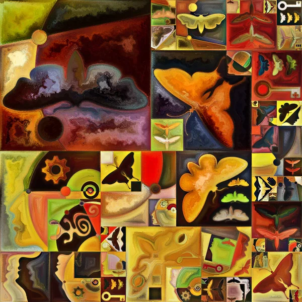 İç şifreleme serisi. Gizli anlamlar, kutsal yaşam, drama, şiir, mistisizm ve sanat konularındaki soyut organik formların ve sanat dokularının renkli kolajı.