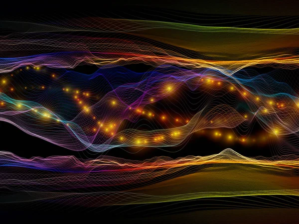 仮想マイクロワールド 仮想波シリーズ データ転送 数学的現実のレイアウトに適した水平正弦波と光粒子で構成された視覚的に魅力的な背景 — ストック写真