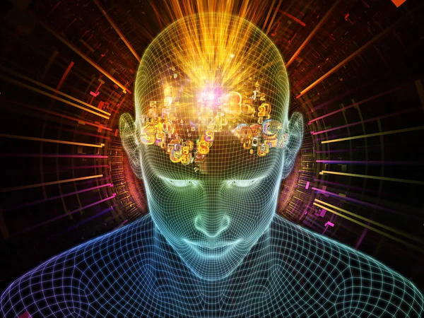 开明的思想 清醒的头脑系列 发光金属丝网人脸三维绘制与人工智能 人类意识和精神人工智能相关的抽象设计 — 图库照片
