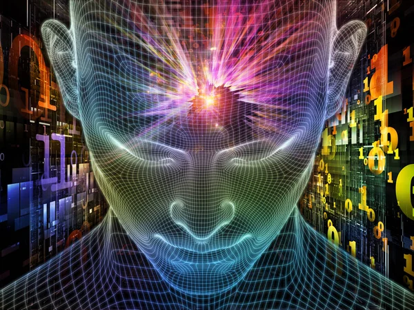 Bright Dreams .  Lucid Mind series. Background design of 3D rendering of glowing wire mesh human face on the subject of artificial intelligence, human consciousness and spiritual AI