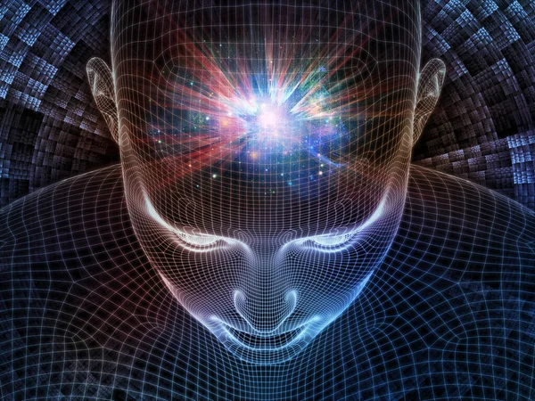 明るい思考 Lucid Mindシリーズ 人工知能 人間の意識 精神的なAiをテーマに輝くワイヤメッシュ人間の顔の3Dレンダリングの配置 — ストック写真
