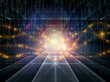 Matematik, geometri, bilim, eğitim ve iletişim teknolojisi konularında matris numaralarının üst üste bindirildiği fraktal şebekeler ve ışıklar kullanılarak sanal uzayın 3D çizimi.