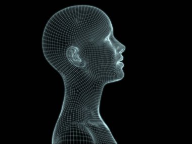 Teknoloji, eğitim ve bilgisayar bilimleri illüstrasyonlarında kullanılmak üzere insan yüzünün tel örgüsü içinde 3B görüntüsü