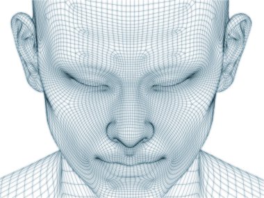 İnsan kafası ve yüzünün üç boyutlu görüntülenmesi illüstrasyon ve tasarım için tel örgüsü olarak kullanılacak