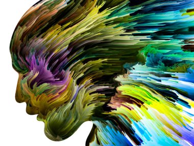 Rahatsız edici Düşünceler serisi. Sıvı boya insan yüzü siluetinde hareket halinde. İç dünya, zihin, psikoloji, depresyon, anksiyete, zihinsel hastalık, yaratıcılık ve soyut sanat konularındaki sanat çalışmaları.