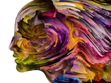 Rahatsız edici Düşünceler serisi. Sıvı boya insan yüzü siluetinde hareket halinde. İç dünya, zihin, psikoloji, depresyon, anksiyete, zihinsel hastalık, yaratıcılık ve soyut sanat konularındaki sanat çalışmaları.