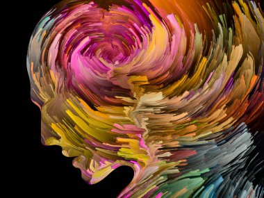 Rahatsız edici Düşünceler serisi. İnsan yüzü siluetinin içinde hareket halindeki koyu renk boya. İç dünya, zihin, psikoloji, depresyon, anksiyete, zihinsel hastalık, yaratıcılık ve soyut sanat konularındaki sanat çalışmaları.