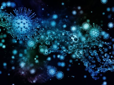 Coronavirus Dünyaları. Viral Salgın Serisi. Virüs, salgın hastalık, enfeksiyon, hastalık ve sağlık projelerinde kullanılmak üzere 3 boyutlu Coronavirus parçacıkları ve mikro uzay elementleri