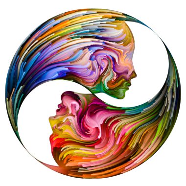 Duygusal Palet serisi. Yin Yang dönen palet. Kadın ve erkek siluetlerini canlı renklerle soyut bir şekilde resmetmek erkek ve kadın doğasının sükunetinde birleşme konusudur..