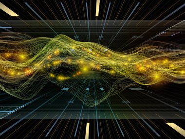Veri Alanı Sanal Dalga serisi. Veri transferi, sanal, yapay, matematiksel gerçeklik için yatay sinüs dalgaları ve ışık parçacıklarından oluşan tasarım.