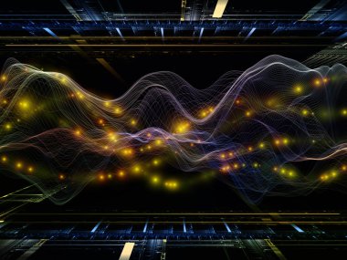 Sanal gerçeklik. Sanal Dalga serisi. Veri transferi ile ilişkili yatay sinüs dalgaları ve ışık parçacıklarının bileşimi, sanal, yapay, matematiksel gerçeklik.