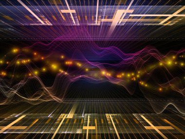 Uzay Geometrisi. Sanal Dalga serisi. Veri transferi, sanal, yapay, matematiksel gerçeklik konularındaki yatay sinüs dalgaları ve ışık parçacıklarının sanatsal soyutlanması.