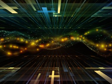 Uzayda veri. Sanal Dalga serisi. Veri transferi, sanal, yapay, matematiksel gerçeklik projeleri için yatay sinüs dalgaları ve ışık parçacıklarından oluşan arkaplan.